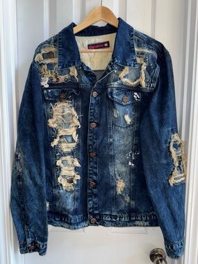 Grindhouse Denim Distressed Jean Jacket 2X Cotton Western Rugged Streetwear Blue